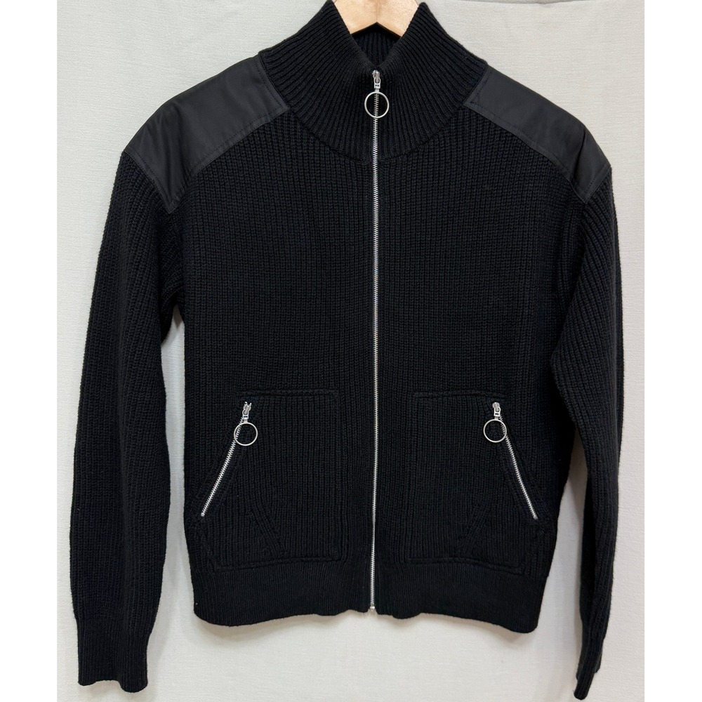 OST Black Ribbed Knit Full Zip Sweater Jacket Ring Pull Pocket Small New